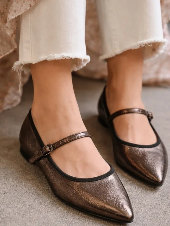 Maypol Spain Metallic Mary Jane Flats Bronze Pointed Toe Leather Size 38‎ / 7.5