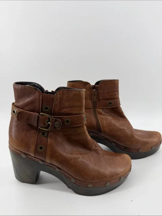 Stuart Weitzman Brown Leather Belted Clog Platform Moto Booties 10