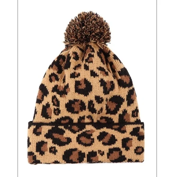 2/$30 - Leopard Print Knitted Pompom Beanie