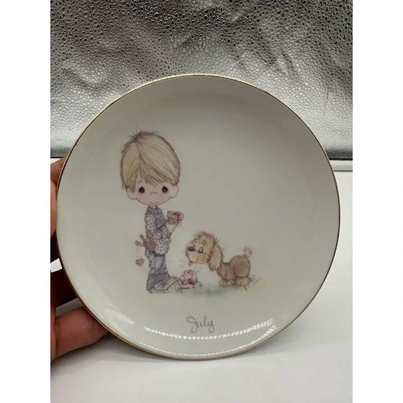 Precious Moments July Monthly Plate 1983 Enesco Boy Puppy Dog Vintage 6 Inch