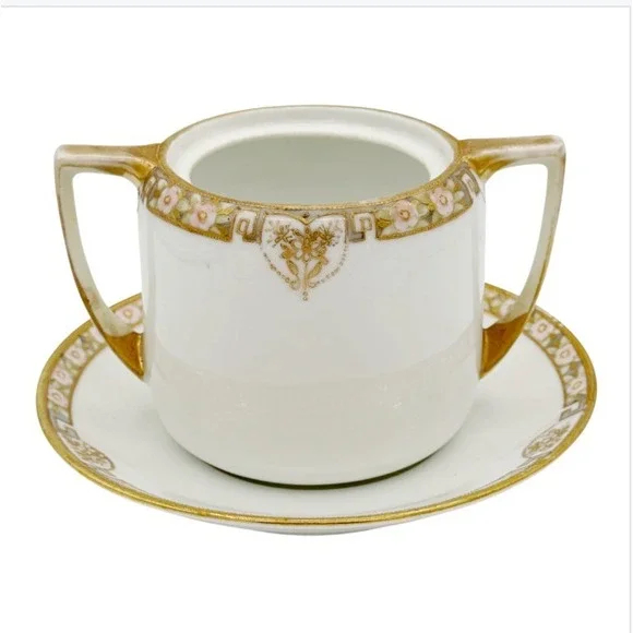 Antique Nippon Sugar Bowl Open Form w Underplate Edwardian Porcelain Curio Shelf