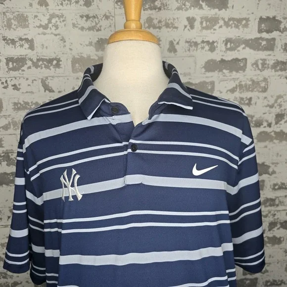 Nike Dri Fit Men NY Yankees Embroidered Navy Stripe Polo Shirt Swoosh Design 2XL