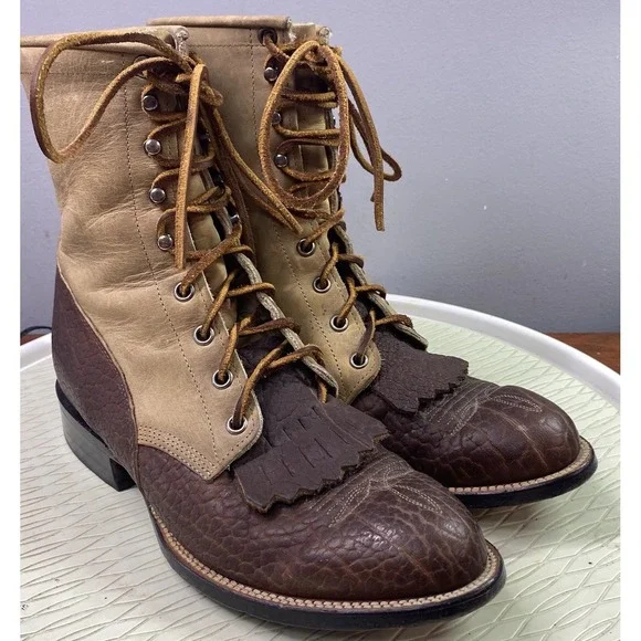 Justin Men's Vintage Leather Kiltie Lacer Brown&Tan Lace-up Boots USA 7.5 D