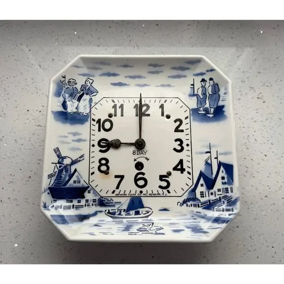 Vintage Delft Wall Clock - 8 Day Germany Blue & White -Missing Pendulum and Key