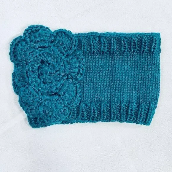 Winter Knit Headband Teal Camellia Flower