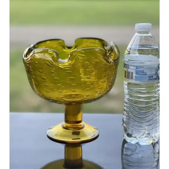 Bischoff Gold Footed Bubbles‎ Compote Bowl Pinched Edge Art Glass Amber Pedestal