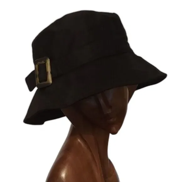 Black Cloche Bucket Hat with Tortoiseshell Buckle Women's Packable Hat