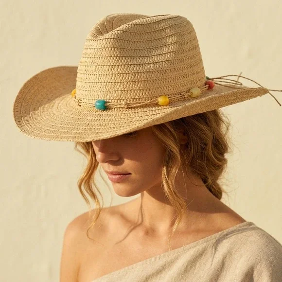 White Mountain Hat Womens Tan Straw Cowboy Hat Beaded Western Sun Hat OS