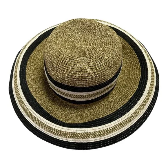 Women’s Gold Metallic Wide Brim Straw Sun Hat - Black/White