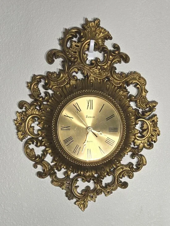 Hollywood Regency Gold Wall Clock, Vintage 1965 Burwood Clock Working, MCM Retro