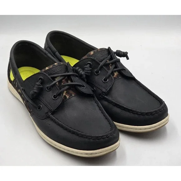 Sperry Songfish Boat Shoes Womens 9.5 Black Leopard Nubuck Leather Lace Up