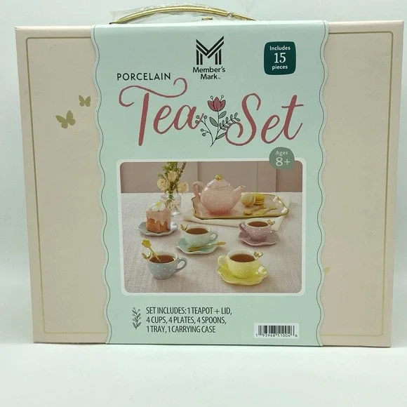 Member's Mark Porcelain Tea Set‎ 15 Pc Pastel Polka Dot Tea Party Pretend Play