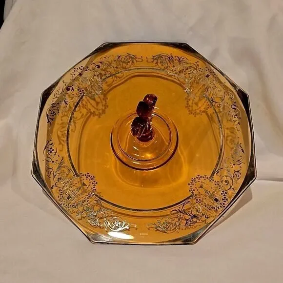 CAMBRIDGE AMBER GLASS Serving Sandwich Tray!  Art Deco Design,Sterling Etching!