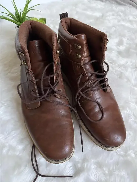 Brown Leather Lace-Up Ankle Boots Size 12