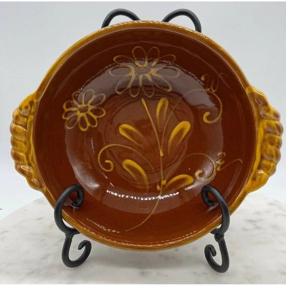 Williams Sonoma Dish Bowl Brown Yellow Flower‎ Pottery Portugal