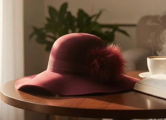 Torrid Wide-Brim Felt Hat With Fur Pom-Pom Deep Burgundy Purple Size S/M