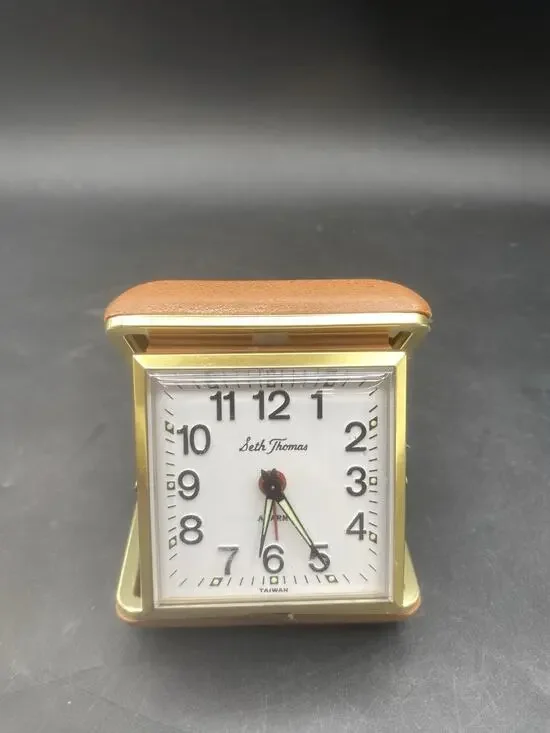 Vintage Seth Thomas Windup Travel Alarm Clock w/ Foldup Hard Plastic Case Works