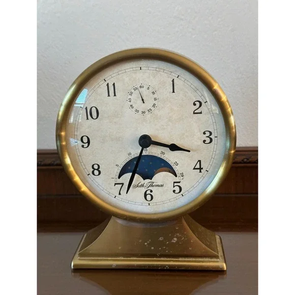 Seth Thomas‎ Metal Case Day Time Night Sun Moon Mantel Desk Clock *READ*