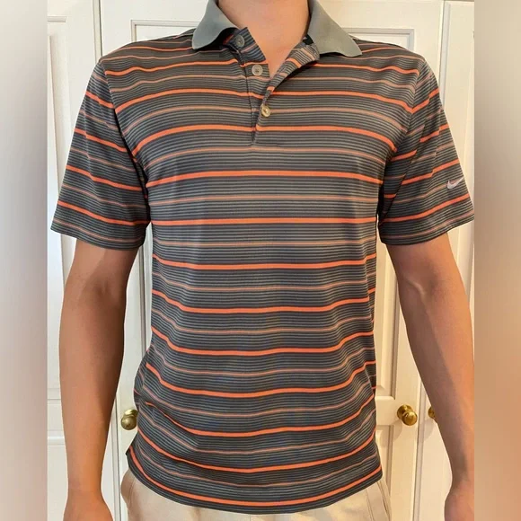 Nike golf polo shirt Gray orange Stripes Dry-fit short sleeve men's S