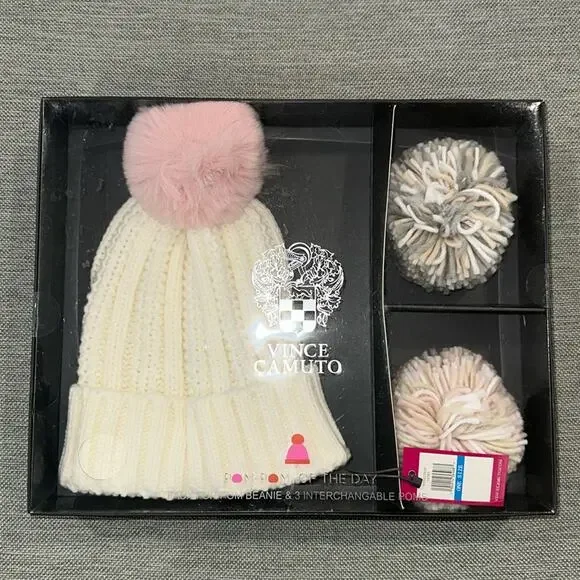 Vince Camuto pom pom of the day beanie hat interchangeable pom poms gift box