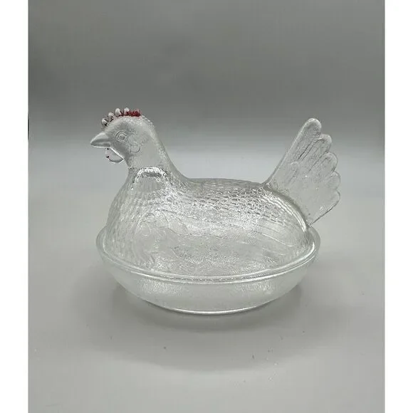 Hen On Nest‎ Indiana Glass Clear Red Comb Chicken  Covered Candy Dish Vintage