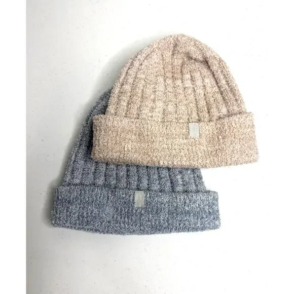 Softies Chunky Rib Marshmallow Beanie Lot of 2 Blue Beige Cozy Cabincore Winter