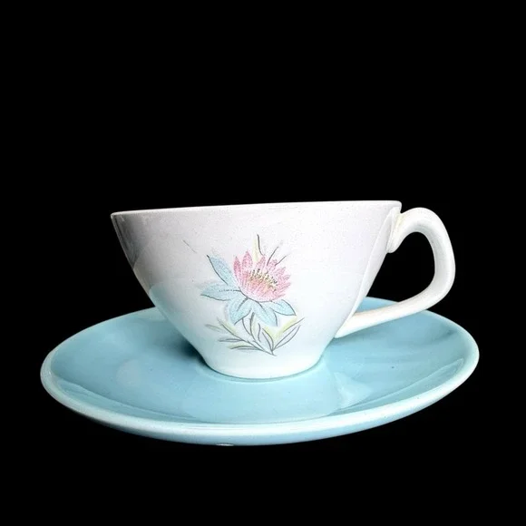 Steubenville‎ Pottery Fairlane Cup & Saucer Coffee Cup Teacup Pink Blue Floral