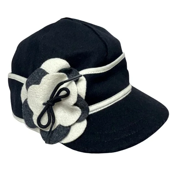 Stormy‎ Kromer Women's Petal Pusher Cap Black Wool Flower Accent Hat Size 7