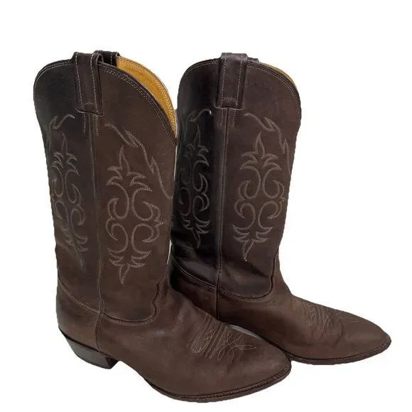 VTG Nocona Cowboy Boots Mens 9.5D Made In USA Brown Leather Western Snip Toe USA