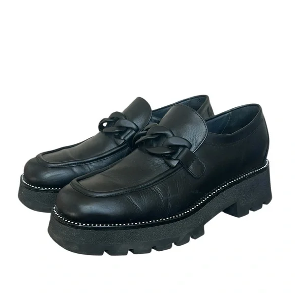 Nero Giardini Black Leather Chunky Loafers Chain‎ Rhinestones Platform Glam