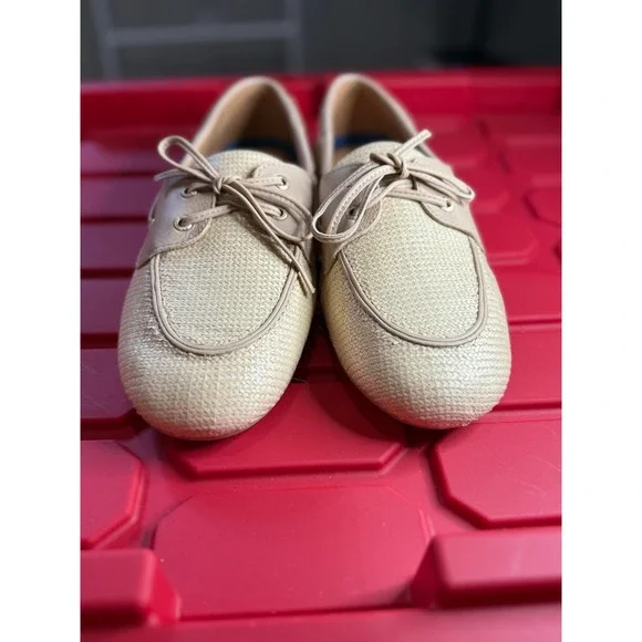 Sperry Slimboat Beige Raffia Leather Trim Boat Shoes Womens 8.5 Coastal Preppy