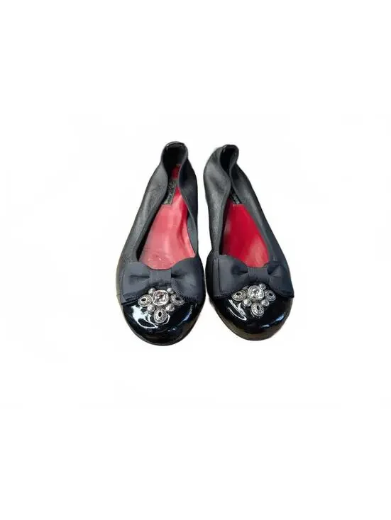 Brighton Black Leather Ballet Flats with Bow and Crystal Embellishment Size 10