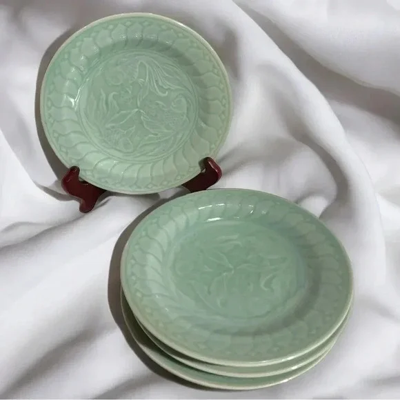 Vintage Celadon Seafoam Ceramic Koi Salad Plates