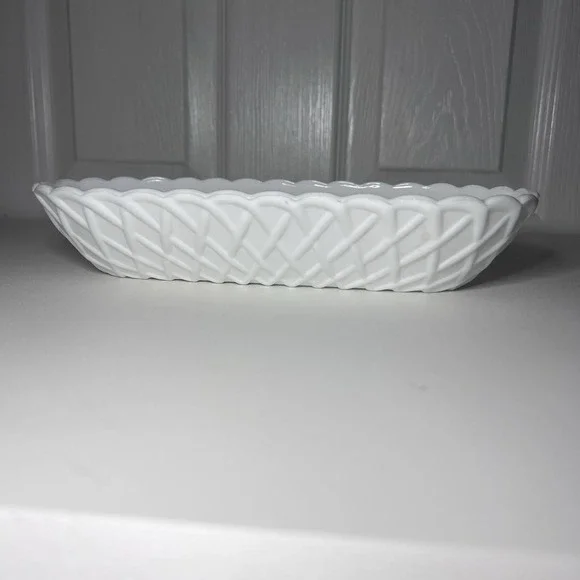 Vintage Indiana Glass Pretzel Pattern Milk Glass Dish Scalloped Rim Oblong 10.25