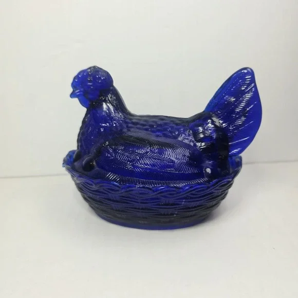 Vintage Hen On Nest Cobalt Blue  Glass Candy Dish 5