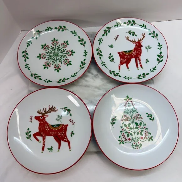Bee & Willow Christmas Appetizer Plates Set of 4 Reindeer Tree Snowflake 7in