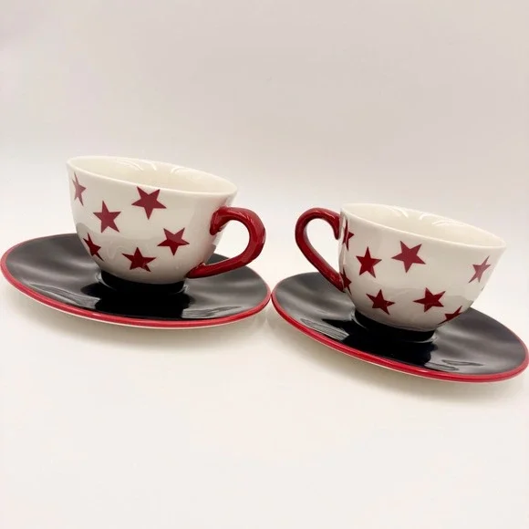 Yedi Red Star White Patriotic Ceramic Cup Navy Blue Saucer Set of 2 Americana