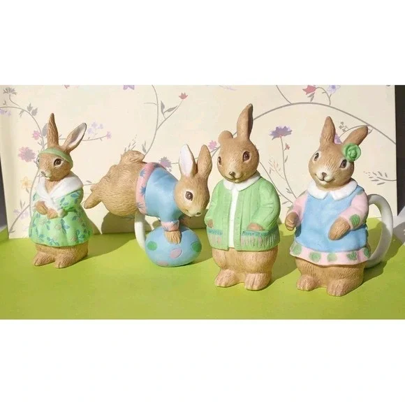 Vtg Bunny Rabbit Napkin Rings Boy‎ Girl Easter Spring Table Decor 4 pc Bisque
