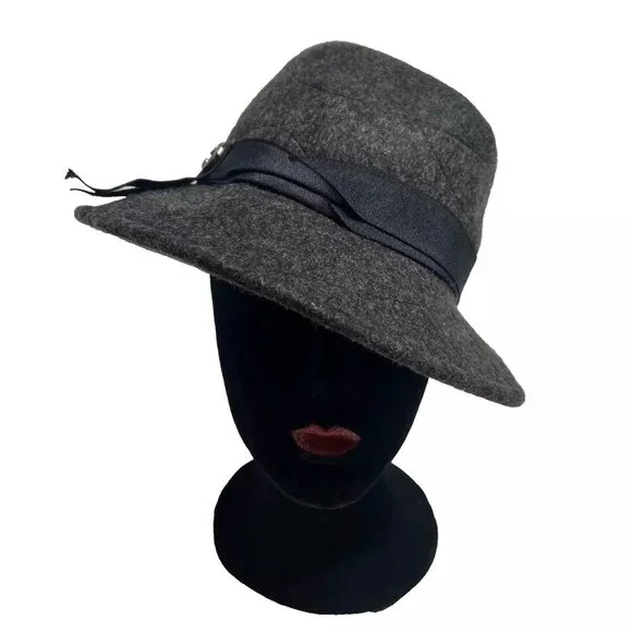 Hatch Women Wool Fedora Hat Gray‎ Felt Grosgrain Med Brim Adjustable Jazz Travel