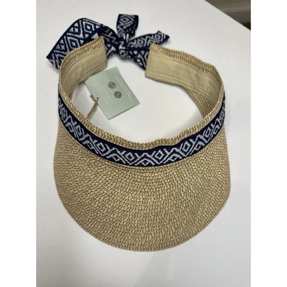 NWT Sea & Grass Women's Paper Straw Hat Visor Blue Ribbon Tie Closure NEW