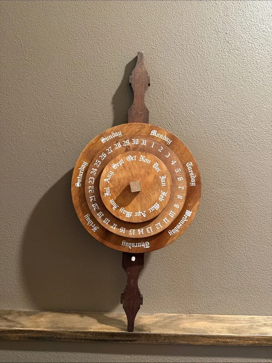 Vintage Swiss Crafts Wood Perpetual Calendar Wheel Rotating Wall Decor Folk
