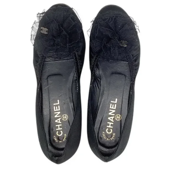 Chanel VTG Women’s Ballet Flats Size EU 39 Black Satin with Mesh Flowers