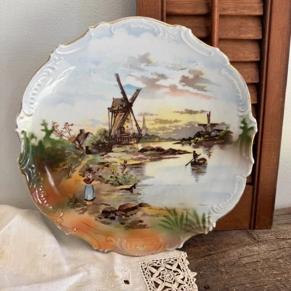 Leuchtenburg Germany Antique Windmill Dutch Landscape Scalloped Gilt Plate 10