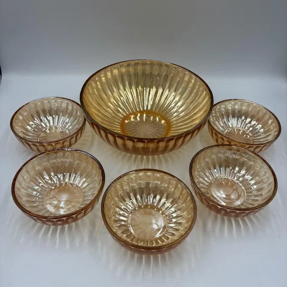 Gold Carnival Glass Salad Serving Bowl Set Ribbed‎ Art Deco 6 Piece Unmarked