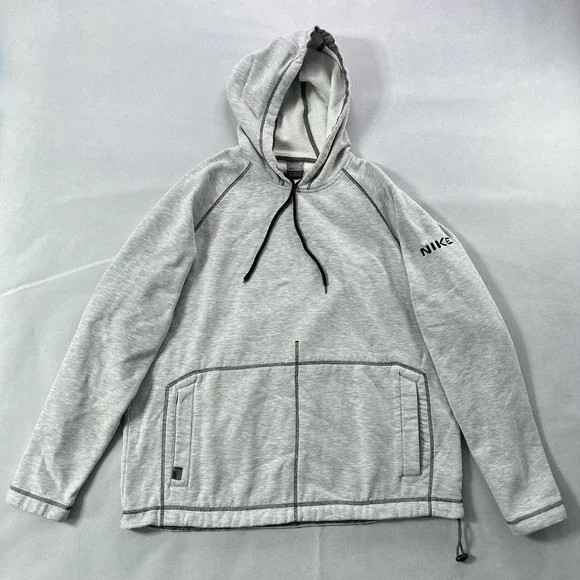Y2K Nike Hoodie Mens XL Gray Fleece Kangaroo Pocket Pullover Arm Spell‎ Out
