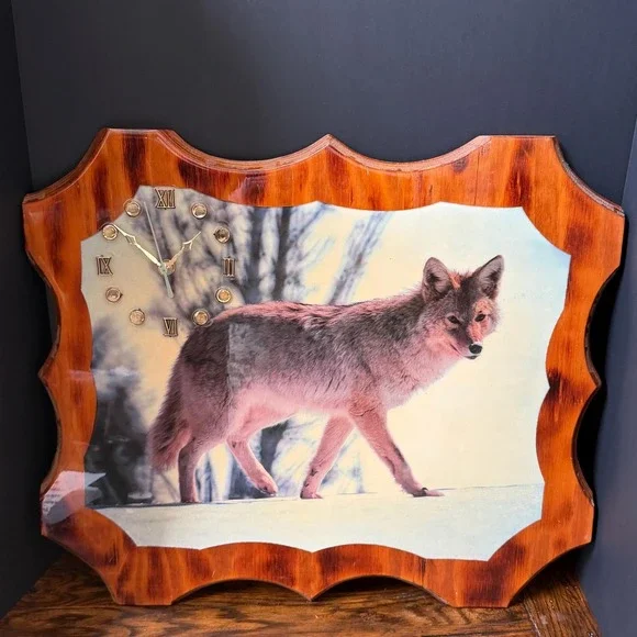 Vintage Coyote‎ Wall Clock Large Rustic Wood 1980s Wildlife Cabin Decor