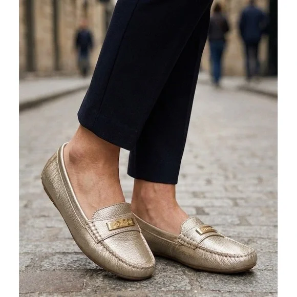 Calvin Klein Leta Metallic Gold Leather Loafers Driving Mocs Logo Hardware 8.5