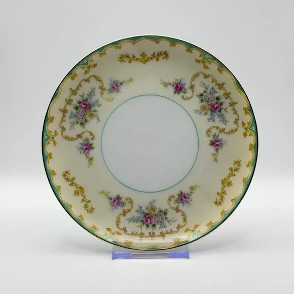 4 Vintage Noritake Bread Plates Set Floral Gold Green Border Japan N238 6.5