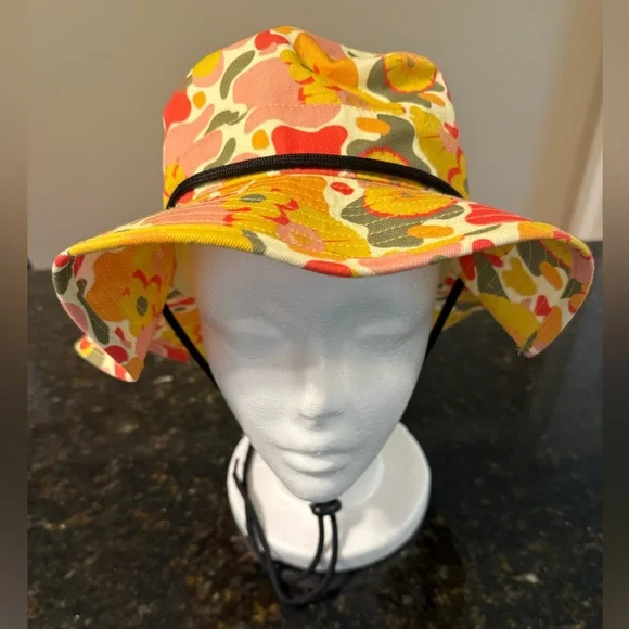 MAD Engine Retro Hippie Boho Flower Bucket Hat with Drawstring Cotton OS