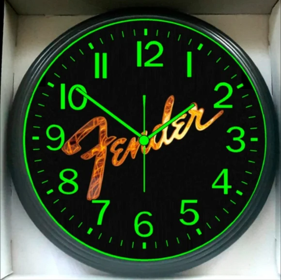 Fender Black Wall Clock with Neon Green Numerals and Gold Fender Script